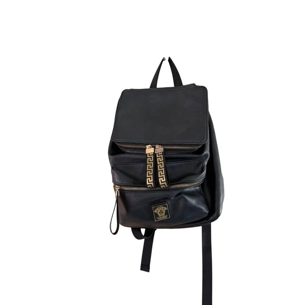 Versace Parfums Mens Faux Leather Black Backpack with Gold Details Modern